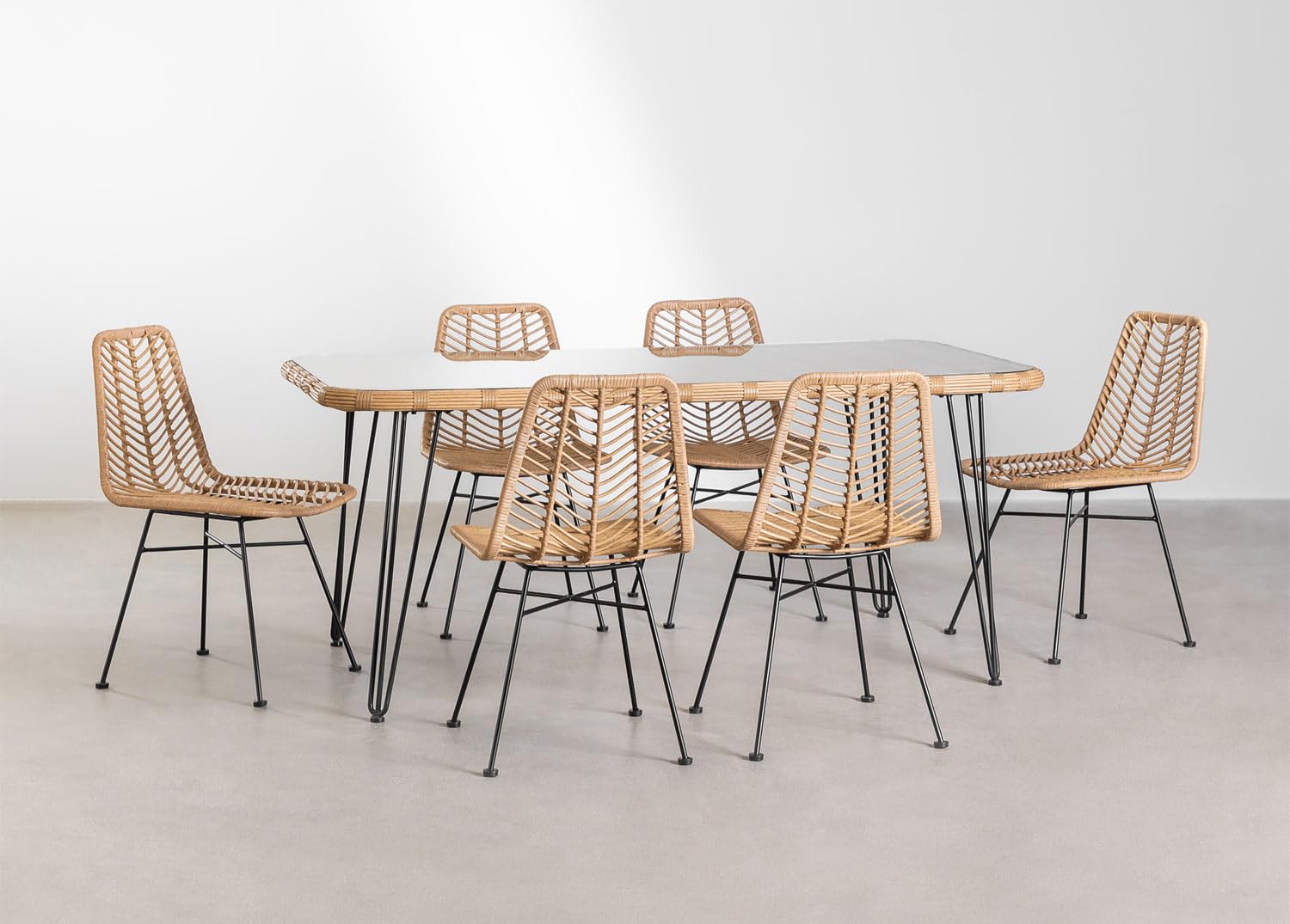 Sklum Leribert Gouda set tavolo 6 sedie rattan natural 180x90