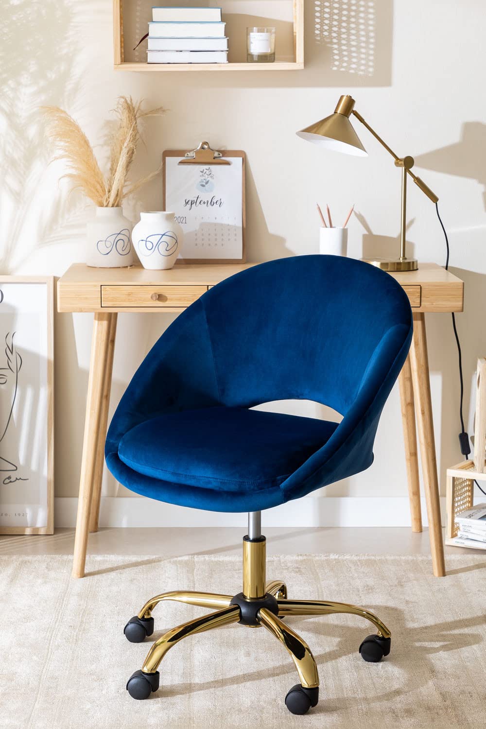 Sklum Vilett Sedia da Ufficio in Velluto Blu con Ruote