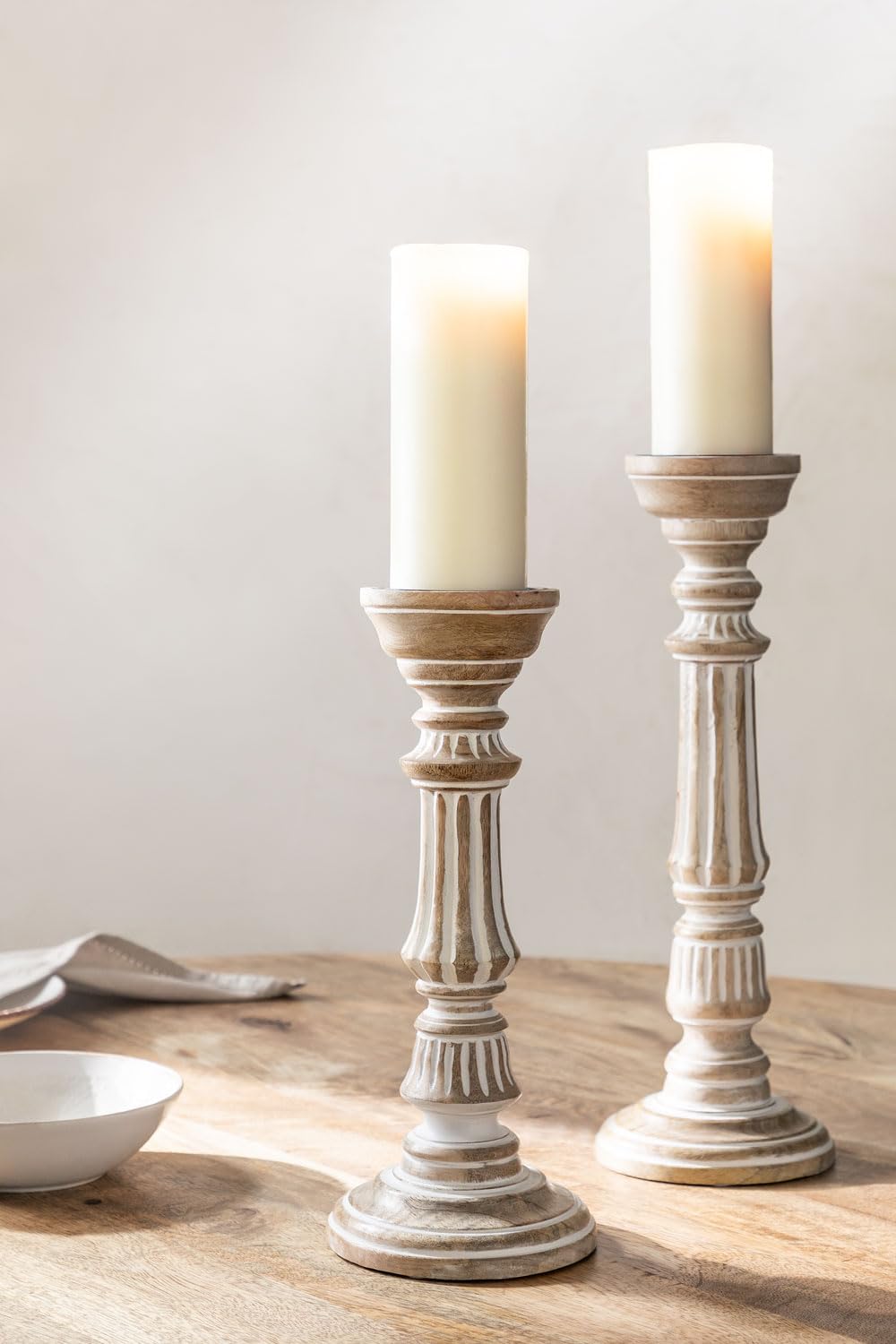 Sklum Kangec set 2 portacandele legno mango bianco