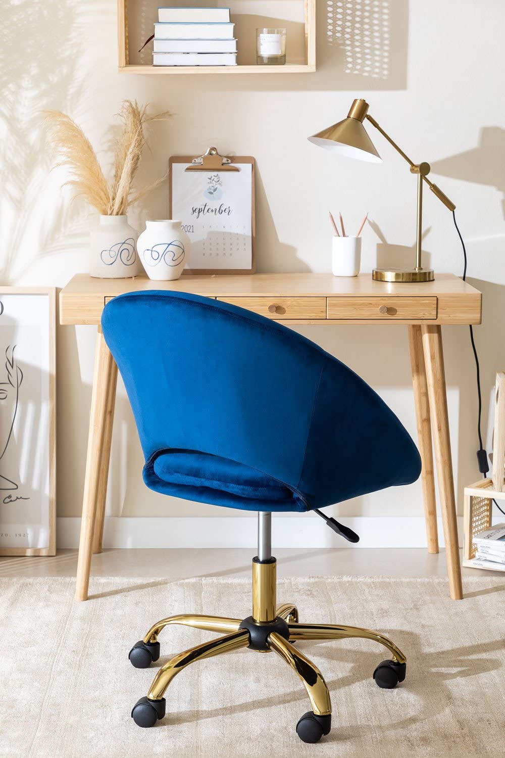 Sklum Vilett Sedia da Ufficio in Velluto Blu con Ruote