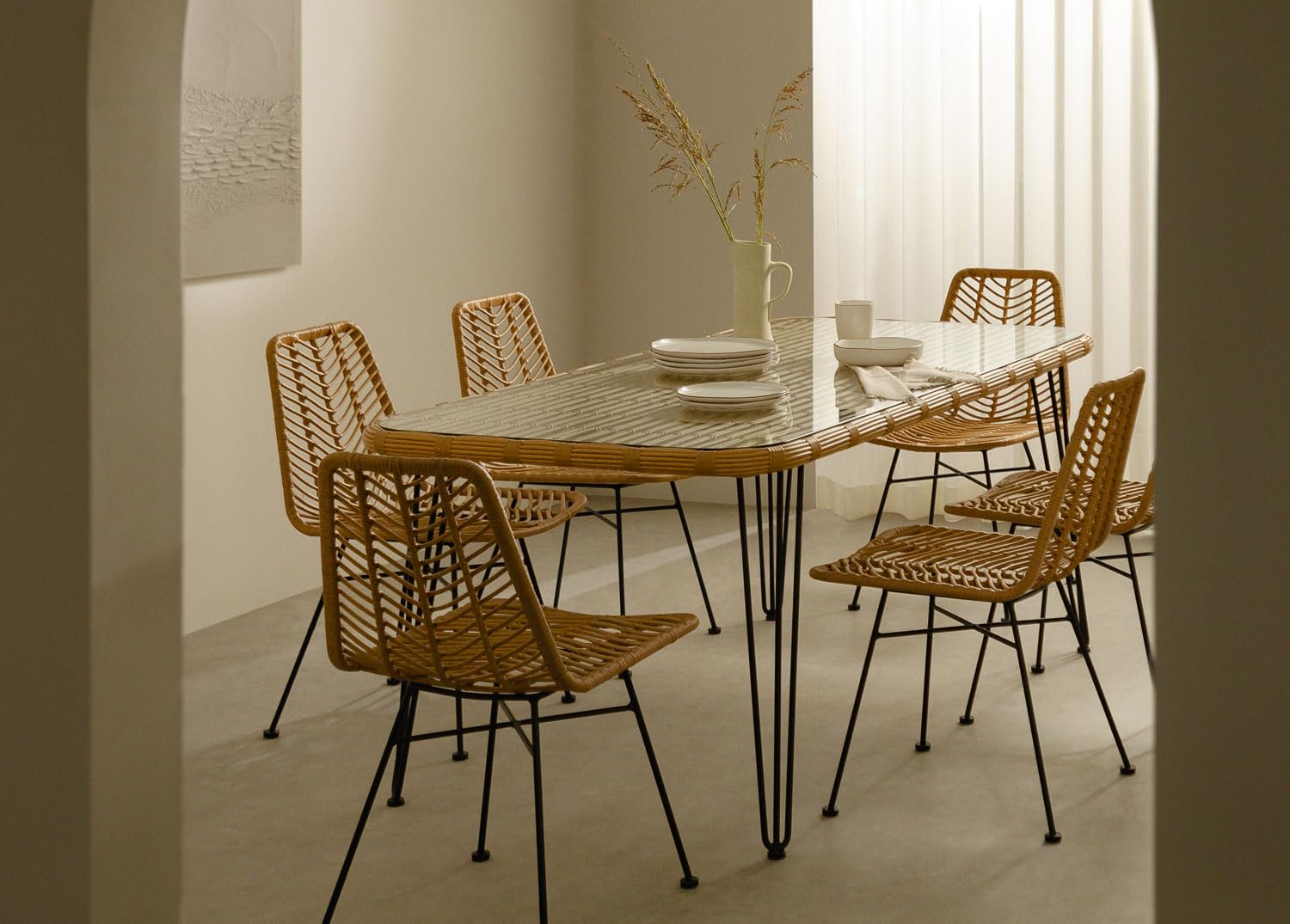 Sklum Leribert Gouda set tavolo 6 sedie rattan natural 180x90