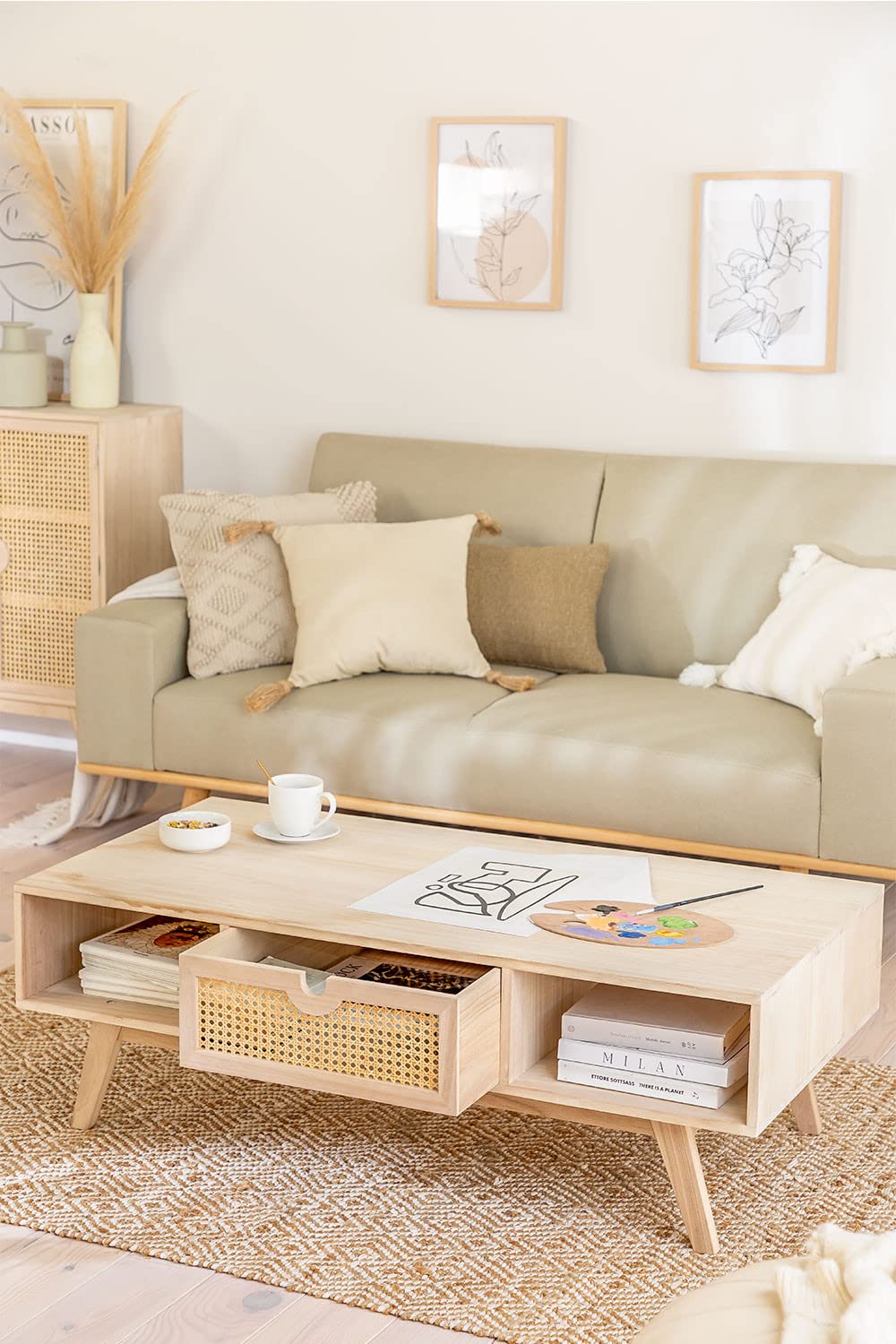 Sklum Ralik Style Tavolino Legno 120 cm Cassetto Rattan