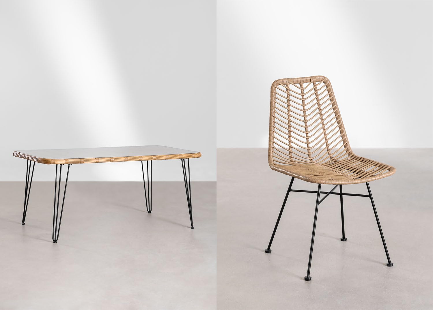 Sklum Leribert Gouda set tavolo 6 sedie rattan natural 180x90
