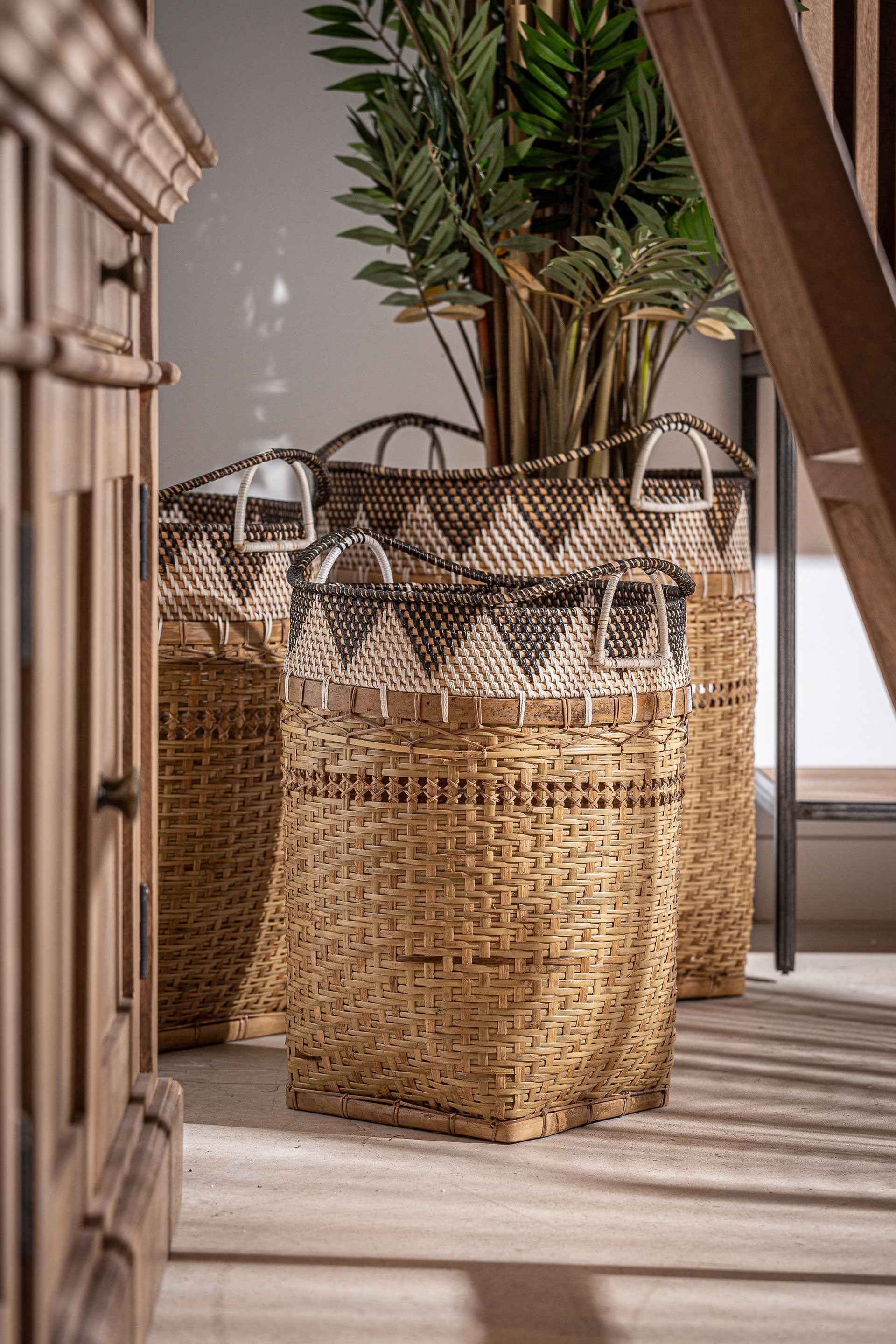 Bambua Zirba Set 3 cesti portabiancheria rattan