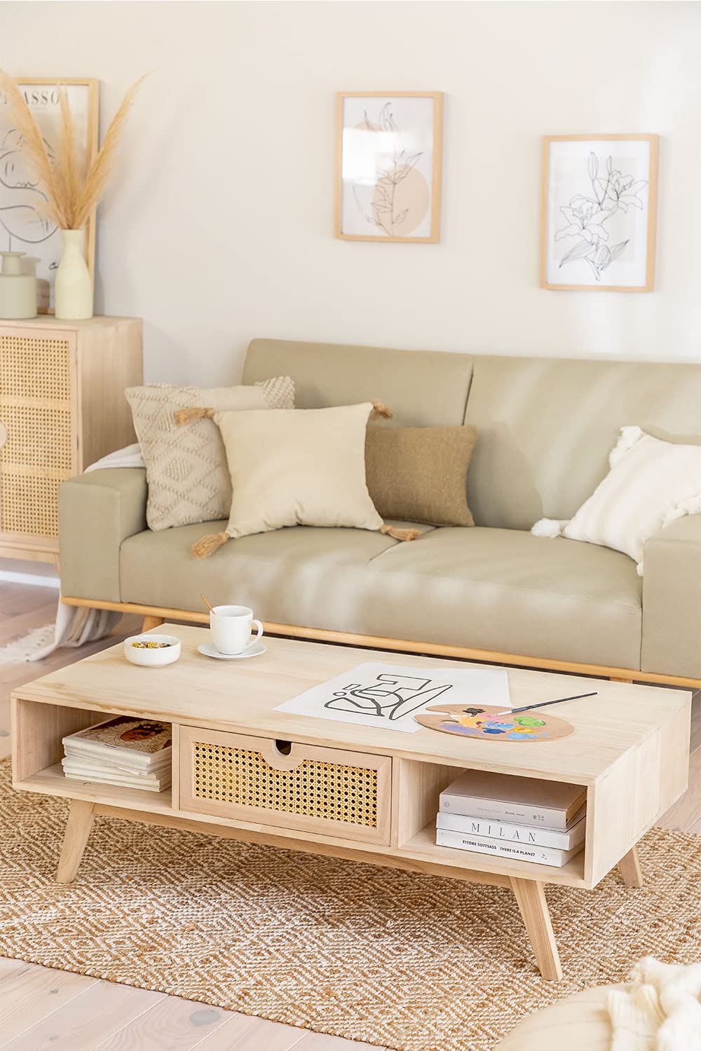 Sklum Ralik Style Tavolino Legno 120 cm Cassetto Rattan