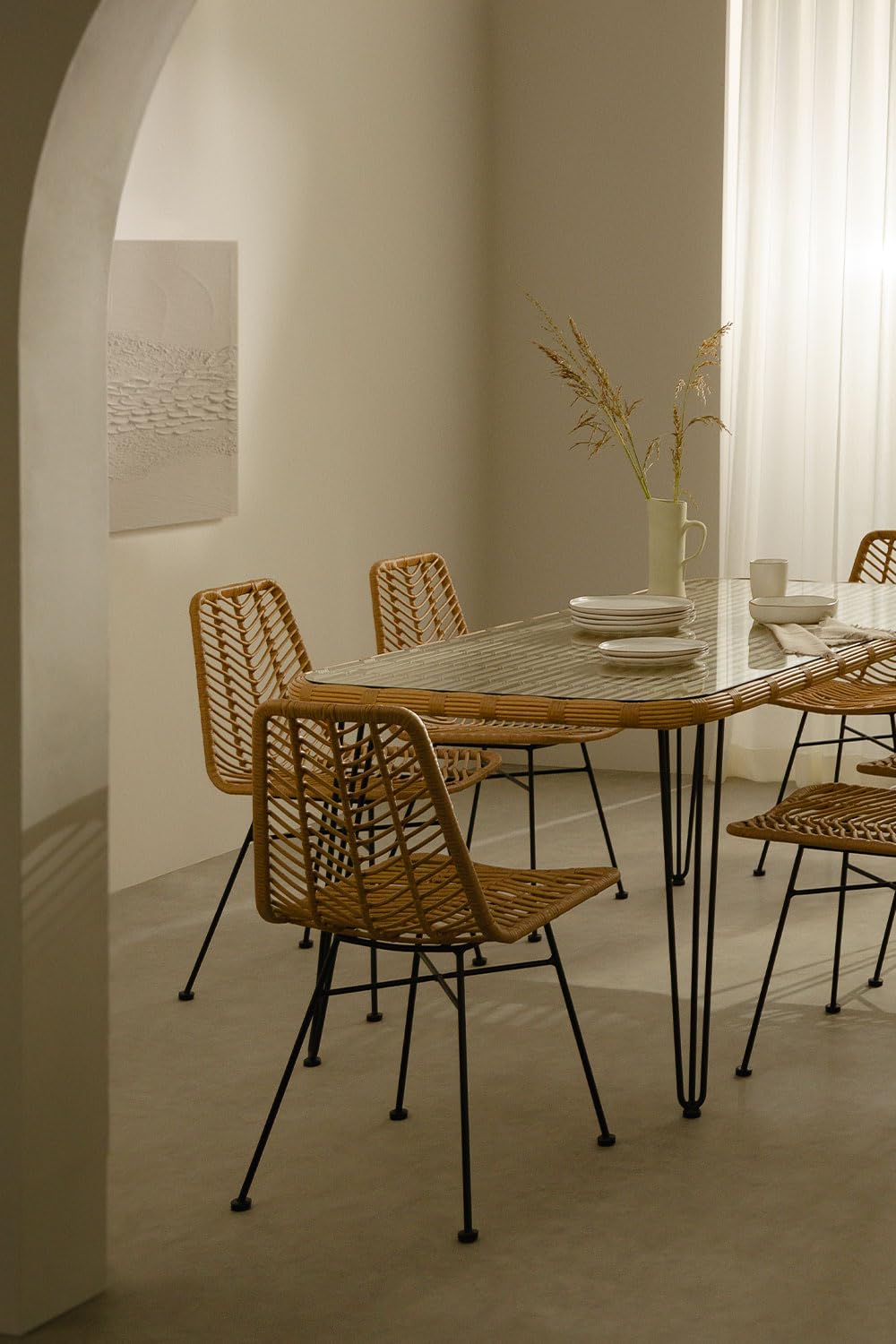 Sklum Leribert Gouda set tavolo 6 sedie rattan natural 180x90