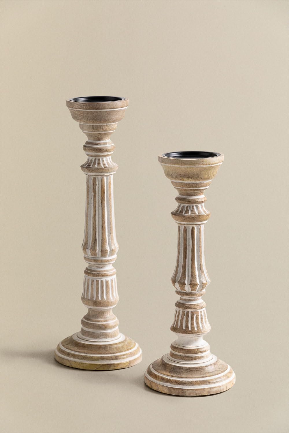 Sklum Kangec set 2 portacandele legno mango bianco