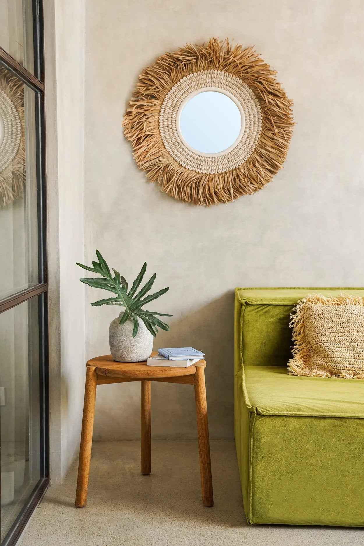 Bambua Raffia Cowrie specchio bianco naturale rafia