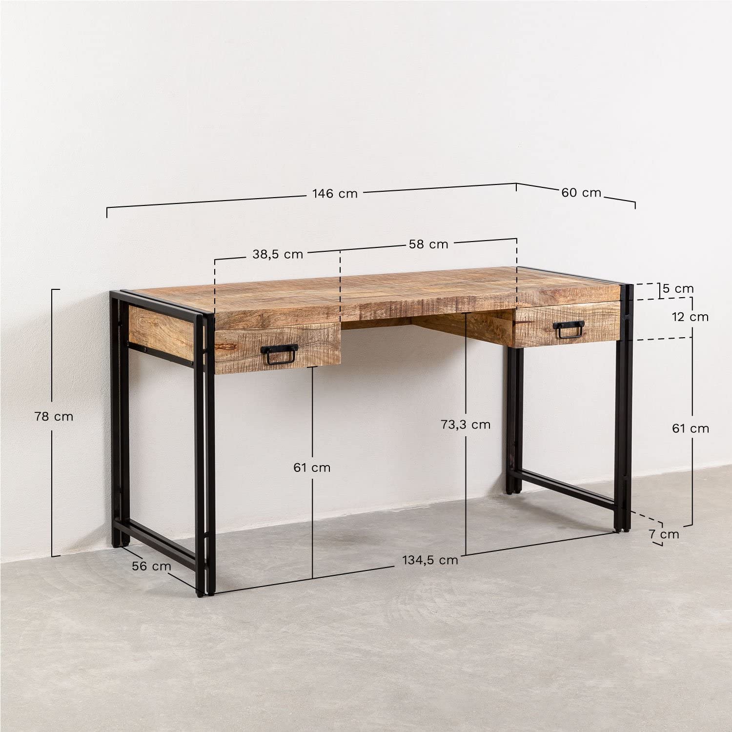 Sklum Tanem Style scrivania legno naturale 146 cm 2 cassetti