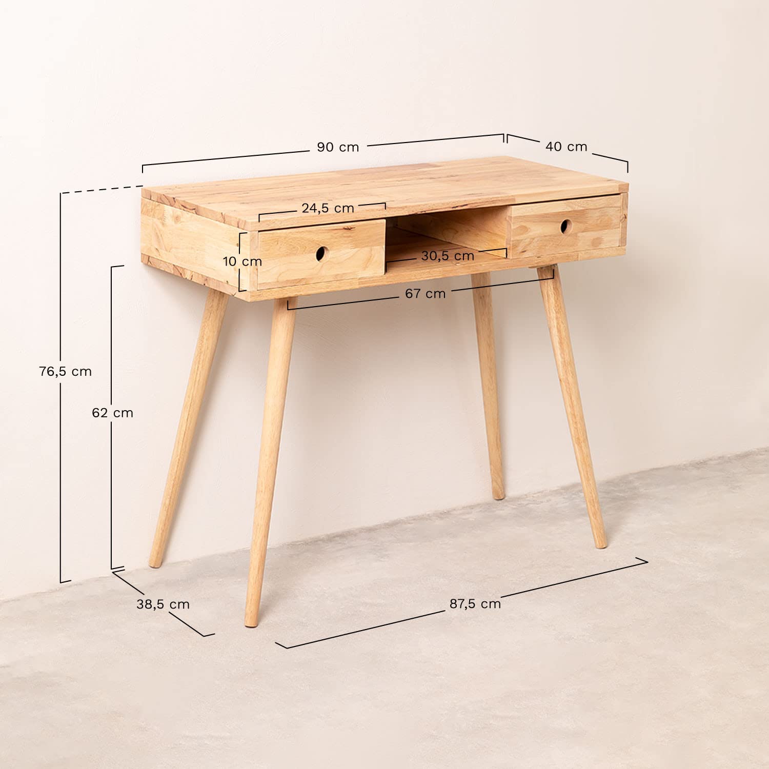 Sklum Arlan Scrivania in Legno Naturale 90x40 cm 2 Cassetti