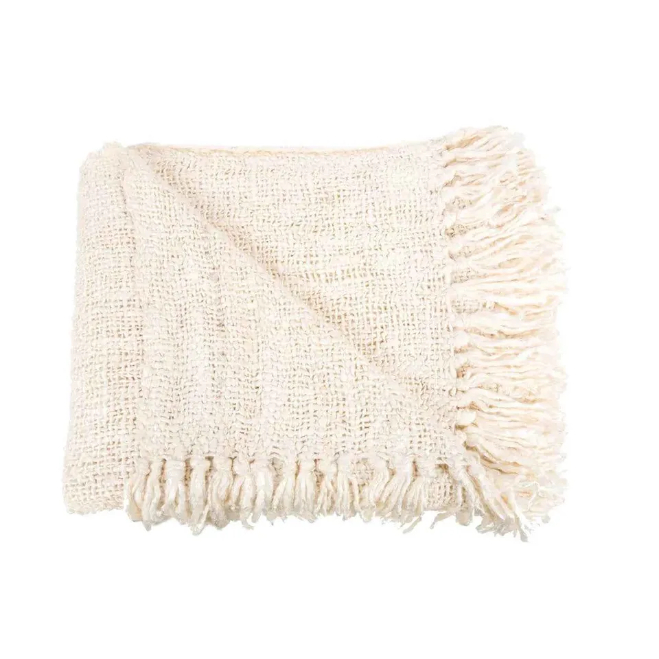 Bambua S'il Vous Plaid crema in cotone con frange