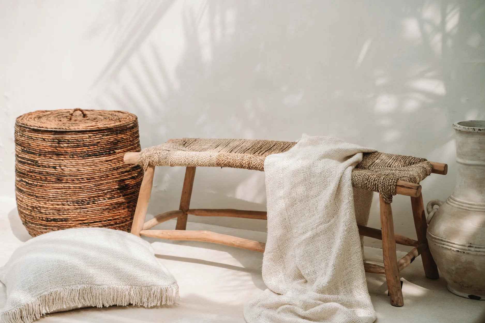Bambua S'il Vous Plaid crema in cotone con frange