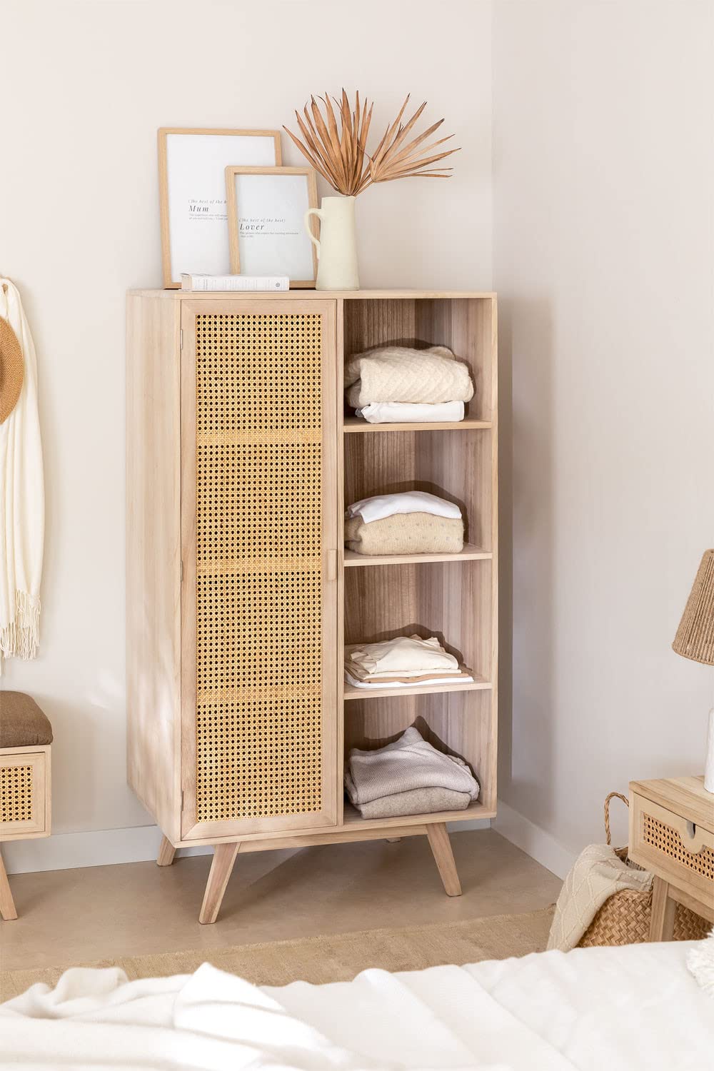 Sklum Ralik armadio 1 anta in legno naturale con rattan