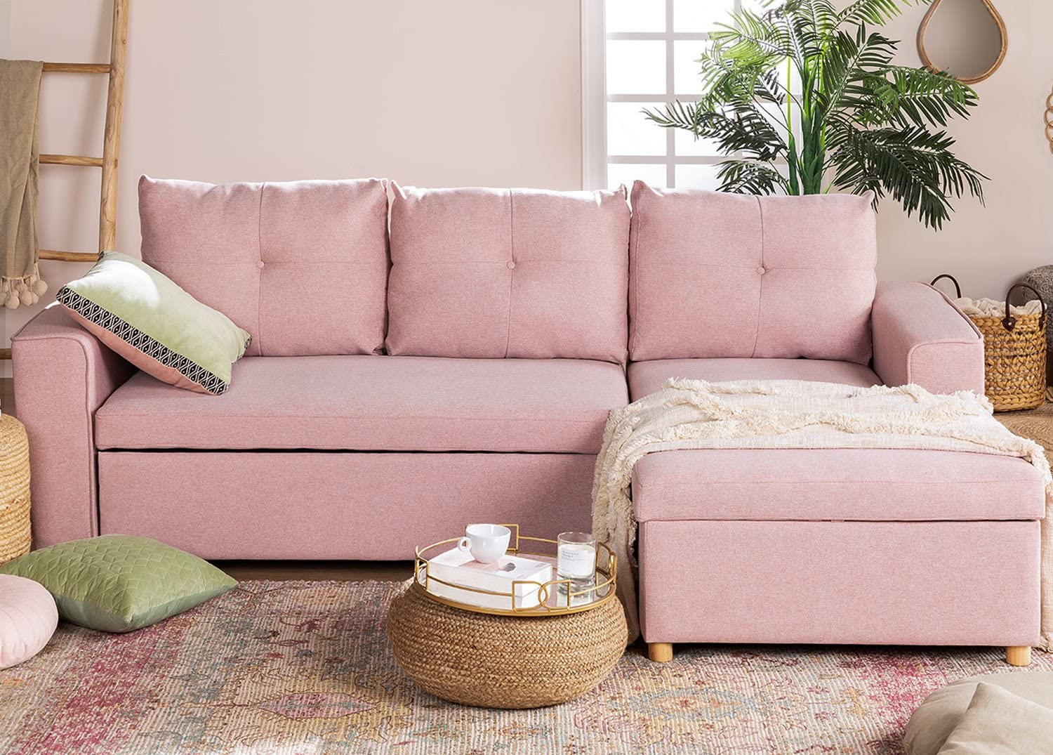 Sklum Calvin Divano Letto Chaise Longue 3 Posti Rosa