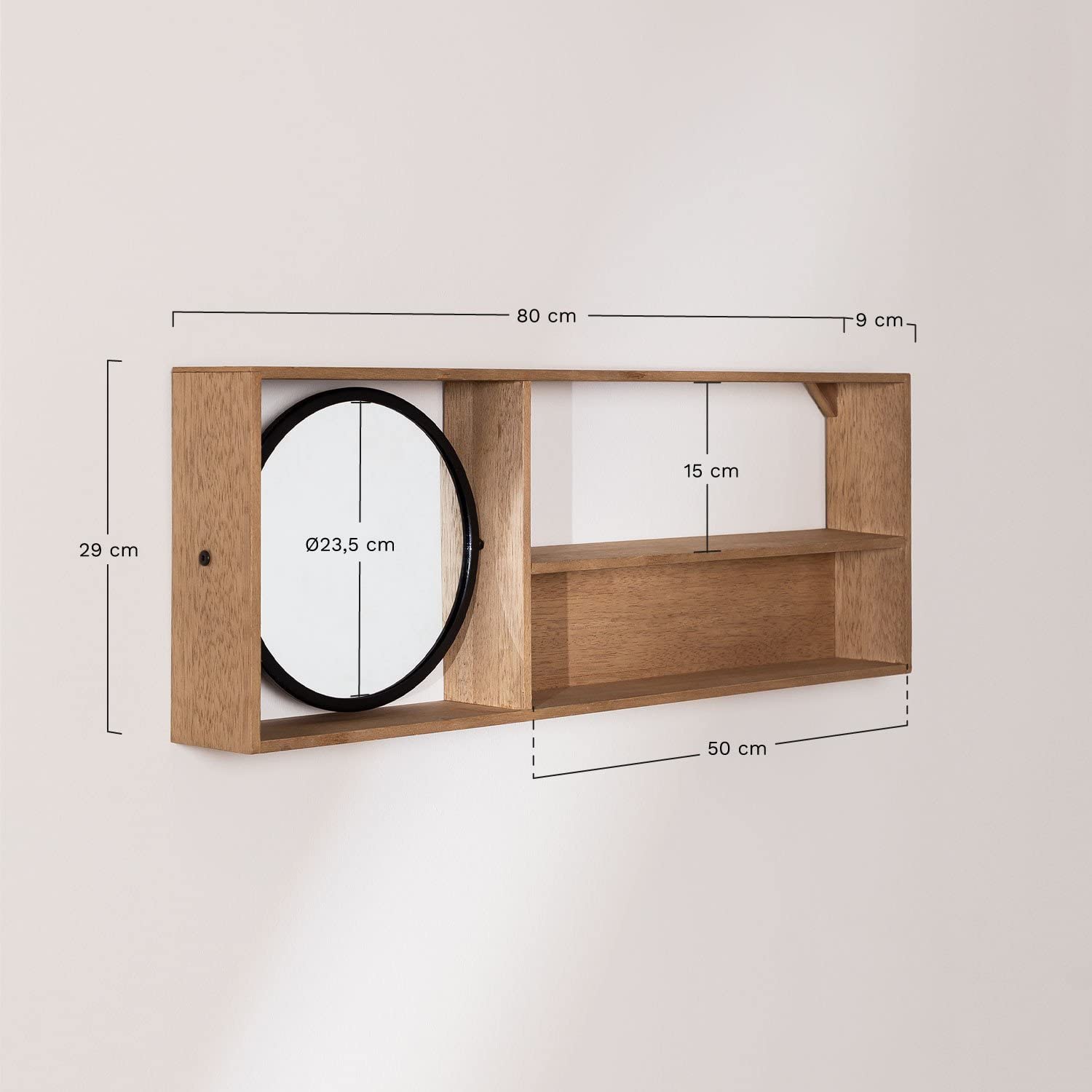 Sklum Ageh Scaffale con Specchio Rotondo 80 cm Legno Naturale
