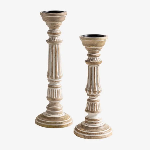 Sklum Kangec set 2 portacandele legno mango bianco
