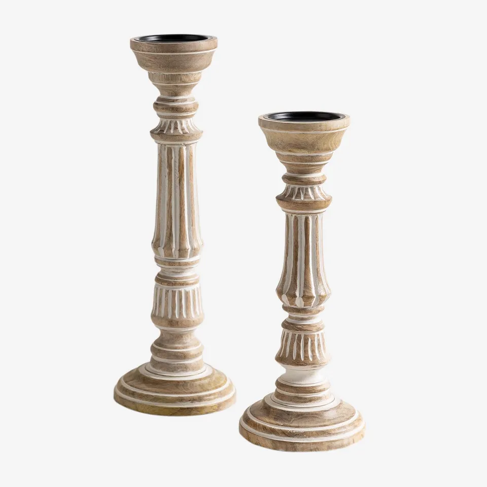 Sklum Kangec set 2 portacandele legno mango bianco