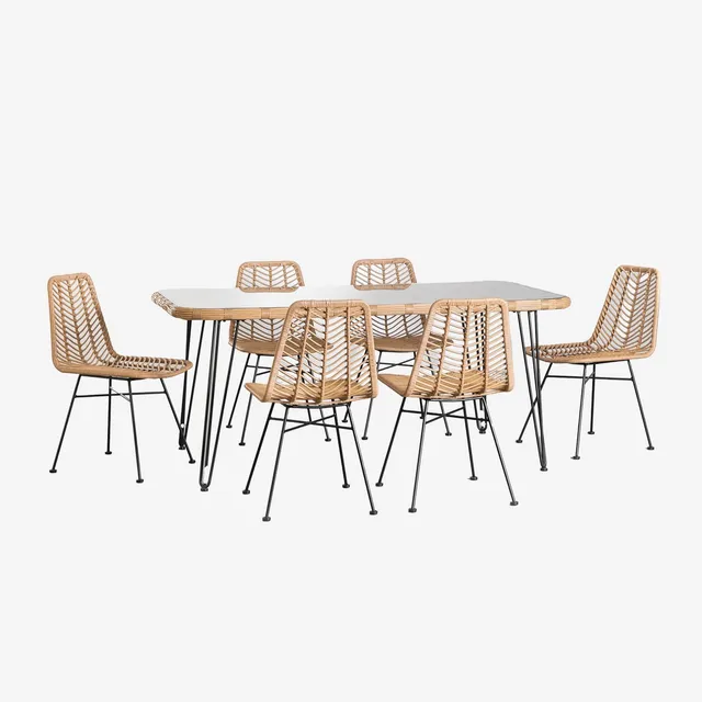 Sklum Leribert Gouda set tavolo 6 sedie rattan natural 180x90