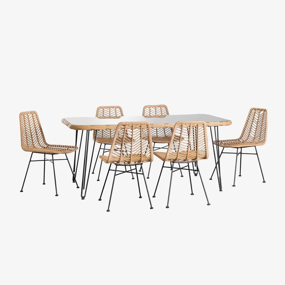 Sklum Leribert Gouda set tavolo 6 sedie rattan natural 180x90
