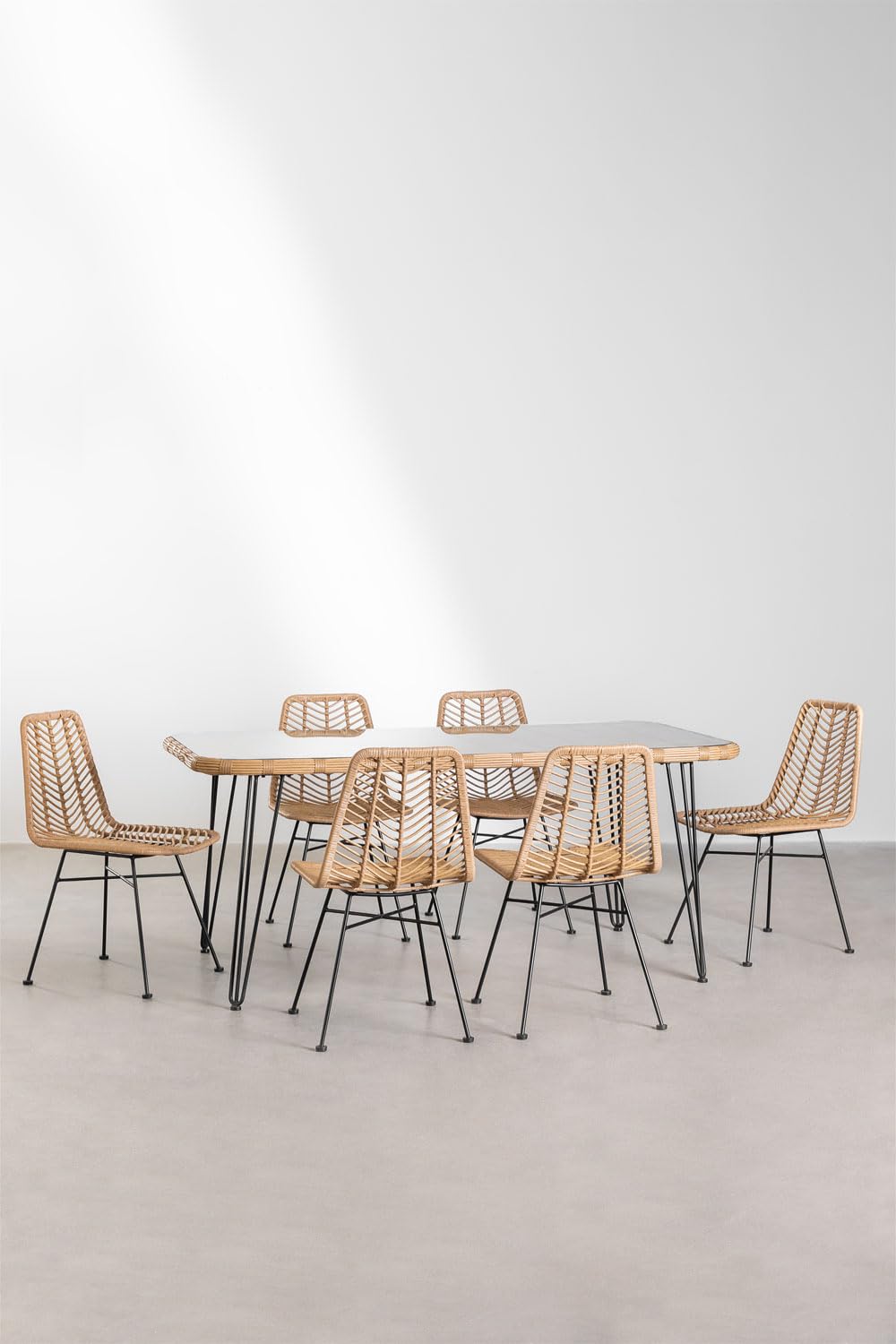 Sklum Leribert Gouda set tavolo 6 sedie rattan natural 180x90