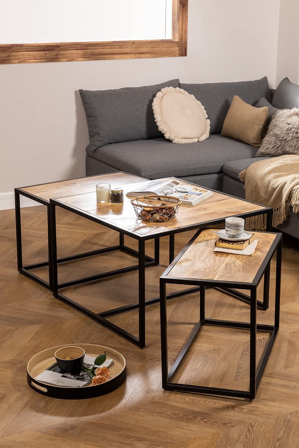 Sklum Bavi set 3 tavolini nido legno mango naturale impilabili