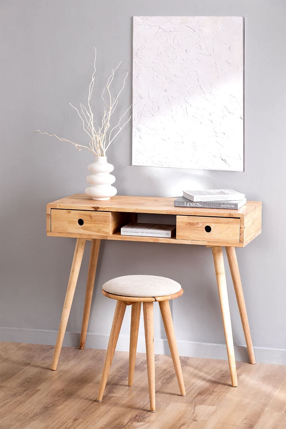 Sklum Arlan Scrivania in Legno Naturale 90x40 cm 2 Cassetti