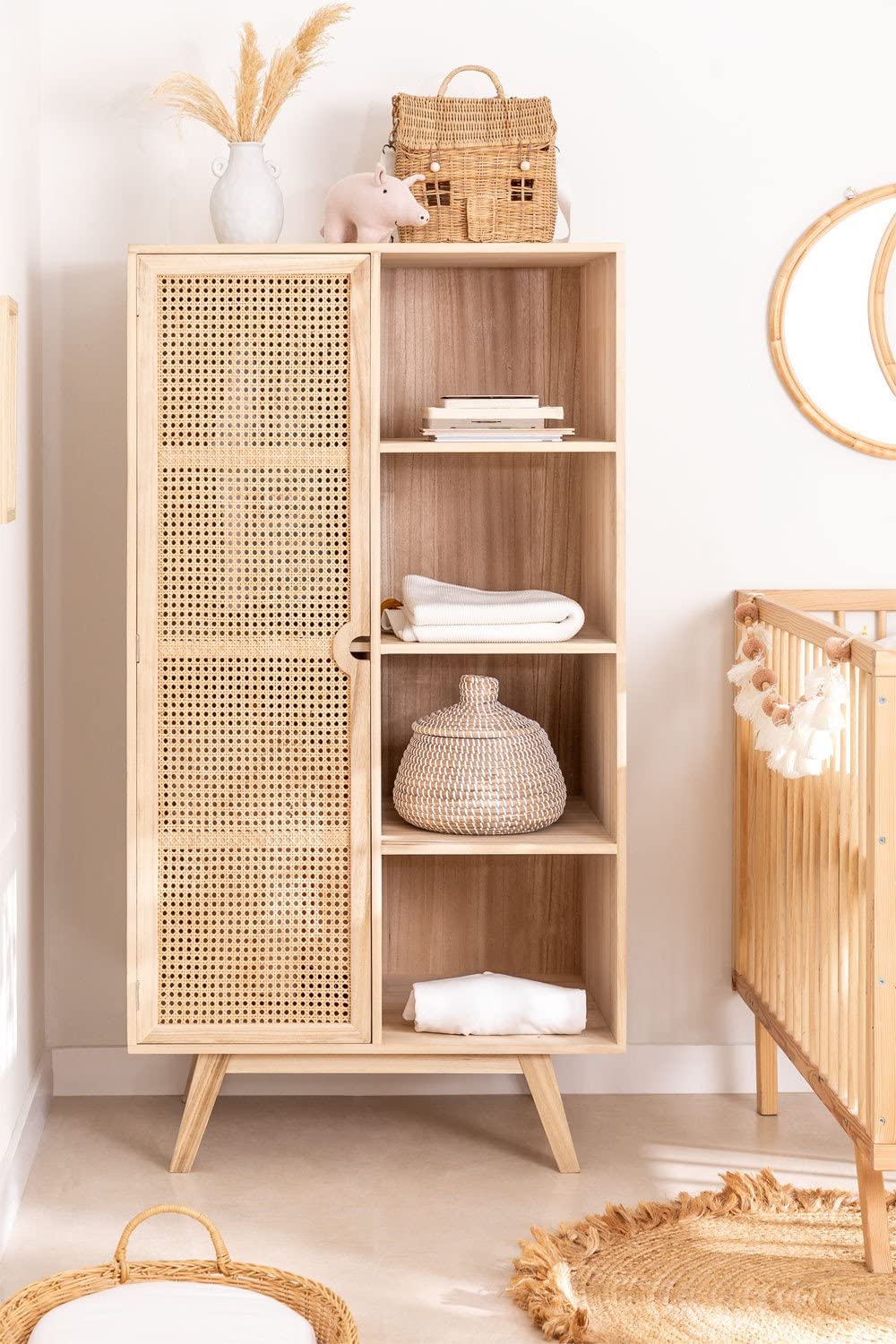 Sklum Ralik armadio 1 anta in legno naturale con rattan