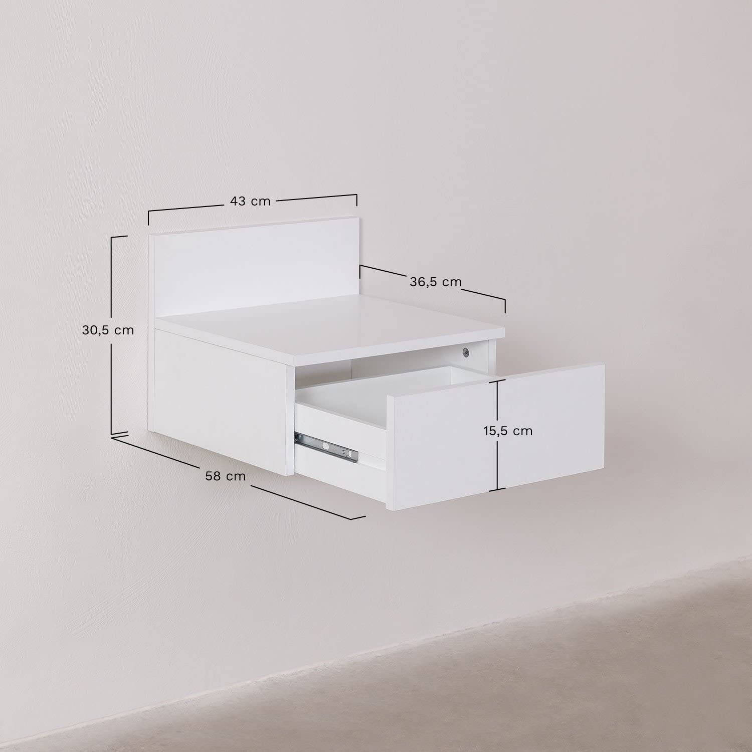 Sklum Caneto Comodino Sospeso Bianco con Cassetto 43 cm