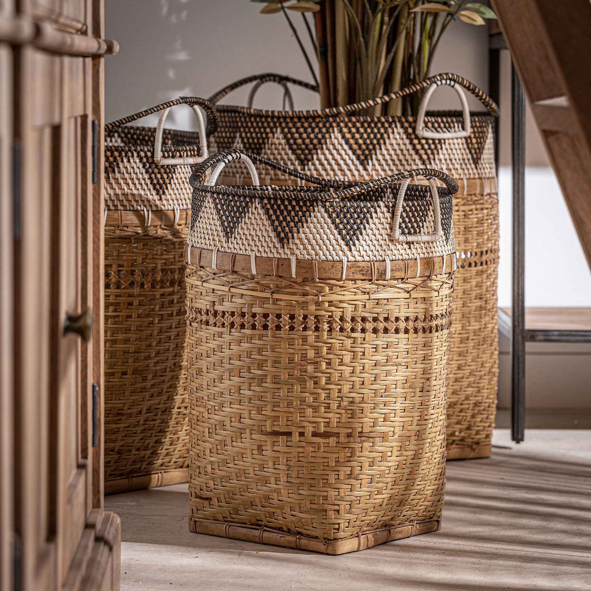 Bambua Zirba Set 3 cesti portabiancheria rattan